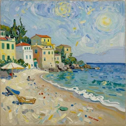 beautiful Italian beach scene painted in a style of painting similar to Van Gogh but more impasto and less hatching