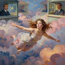 a beautiful girl floating in colourful clouds, painted by edgar maxence, edward hopper, wayne barlowe, painted by james gilleard and james jean. 8 k realistic, hyperdetailed, beautiful lighting, detailed background, depth of field,
