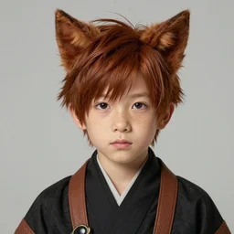 portrait of realistic fantasy character boy with cat ears wearing a japanese traditional outfit, mid - short hairs, dark brown redhead, freckles, 1 6 years old, original composition, high quality, final fantasy xiv