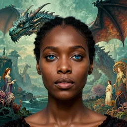 realistic detailed photorealistic film close up portrait shot of a beautiful black woman, sci-fi landscape with a dragon on background by Denis Villeneuve, Amano, Yves Tanguy, Alphonse Mucha, Ernst Haeckel, Andrei Tarkovsky, Edward Robert Hughes, Roger Dean, rich moody colours, wide angle, blue eyes