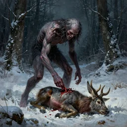 humanoid wendigo feasting on a bloody dear, located in a snowy dark forest, horror, forboding, oil painting, style of seb mckinnon