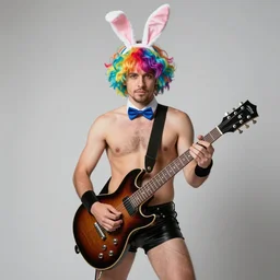 a photo of a male american german pshyco guitarist wearing a colourful wig, bunny ears and leather shorts