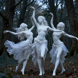 masterpiece ephemeral elven girls dancing in the woods at dusk, by rossdraws, face by artgerm and edmund leighton, majestic, volumetric lighting, porcelain skin, photorealistic, intricate, trending on artstation 8 k