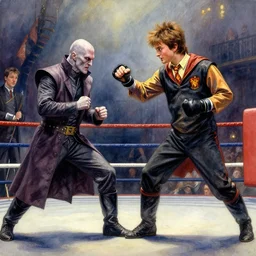 a beautiful painting of harry potter fist - fighting voldemort in a boxing ring, rendered art, highly detailed painting by gaston bussiere, craig mullins, j. c. leyendecker 8 k, trending on artstation, art, fighting, watercolor