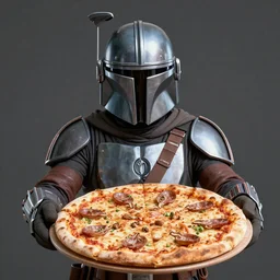 Mandalorian selfie holding Pizza tower, hyper realism, high detail, vivid colors, octane render, unreal engine