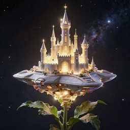 castle space ship organic, flower, leaf, cosmic, futuristic, global illumination, radiant light, stellar background, by paul laffoley