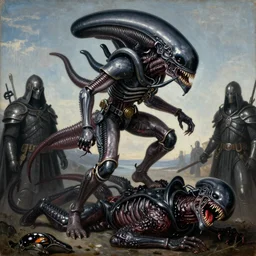 Space marine, stepping on defeated scary black salivating xenomorph, high resolution northern renaissance oil painting, looking like the night Watch, trending on artstation