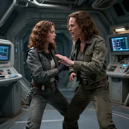 sigourney weaver battling alf on a derelict space station, hyperrealistic, cinematic