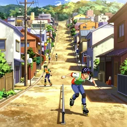 city street, sloped street, city on tall hillside, street scene, rollerbladers grinding on rails, skaters, rollerskaters, cel - shading, 2 0 0 1 anime, flcl, jet set radio future, golden hour, japanese town, concentrated buildings, japanese neighborhood, electrical wires, cel - shaded, strong shadows, vivid hues, y 2 k aesthetic