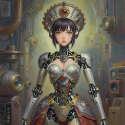 surreal gouache painting, by yoshitaka amano, by ruan jia, by conrad roset, by good smile company, detailed anime 3d render of a female mechanical android, portrait, cgsociety, artstation, rococo mechanical costume and grand headpiece, dieselpunk atmosphere