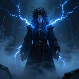 character design, dark arcanist, fierce eyes, blue lightning, blue mist, fog, scary, photorealistic, cinematic, hyper realistic, octane render, 8 k, wide angle