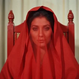 realistic portrait photo of a blurred face queen hidden in red cloth sitting in her red throne room 1 9 6 0, life magazine photo, natural colors, metropolitan museum, kodak, 8 k, very detailed, high resolution, national geographic, 1 9 7 0 s, product photo,