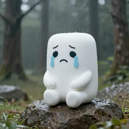 Realistic Cute Little Marshmallow Man Crying in the Raining Forest Sitting on a Rock, Sad, cloudy, rainy, movie shot, studio shot, studio lighting, 8k