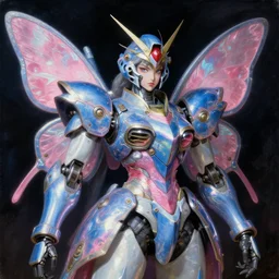 a baroque neoclassicist renaissance portrait of a blue and pink iridescent whimsical 1 8 0 0 s japanese mecha gundam butterfly witch. reflective detailed textures. intense glare, dark background. highly detailed fantasy science fiction painting by moebius, norman rockwell, frank frazetta, and syd mead. rich colors, high contrast. artstation