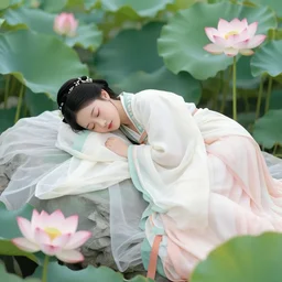 a beautiful picture of a girl in hanfu sleeps, lotus flowers blooming, by greg rutkowski and thomas kinkade, trending on artstation