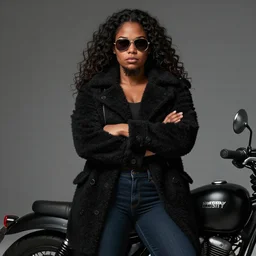 Picture of a female biker, tough, burly, dark skin, jet black tuffe coat, aviator shades, dark blue jeans, long curly hair, unkempt beard, serious look, armfold pose!, smooth, sharp focus, highly detailed, digital illustration, artstation