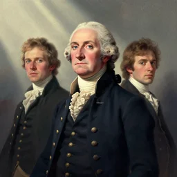 portrait of george washington, colorful, mads berg, karolis strautniekas, christopher balaskas, stippled light, low fog, moody, fine texture, editorial illustration, dramatic lighting, dynamic composition, detailed, matte print, muted color, ( ( victo ngai ) ), wide angle ( ( sunbeams ) )