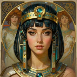realistic detailed face portrait of a beautiful futuristic egyptian warrior queen in alien cyberpunk armor by alphonse mucha, ayami kojima, amano, greg hildebrandt, and mark brooks, female, feminine, art nouveau, cyberpunk, neo - gothic, gothic, character concept design
