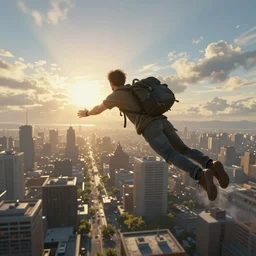 man flying over ps1 third person game city