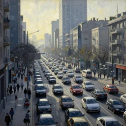 a painting of a chaotic morning in the bustling city, cars stuck in traffic, in the iconic style of moebius