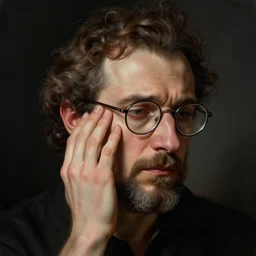 portrait of a male italian artist wearing glasses, anxiety and depression, intricate, elegant, highly detailed, digital painting, dark background, artstation, concept art, smooth, sharp focus, illustration, by greg rutkowski