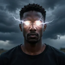 a black man with lighting coming out of his eyes, stormy background