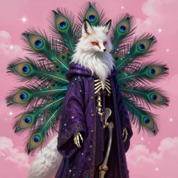photorealistic painting of a skeleton fae fox character, long fluffy white fur, mage clothes inspired by a melanistic peacock, 9 brilliant peacock tails that shimmer like crow feathers, painted by a master artist, sparkles, pink cloud background, vhs effect, dnd beyond, fae, neon, photo realistic, renaissance, trending on art station