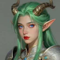 a close up of a green haired elf person with blue eye with a horns crown red lips and wearing light armour, concept art by Lü Ji, trending on Artstation, fantasy art, official art, detailed painting, artstation hd