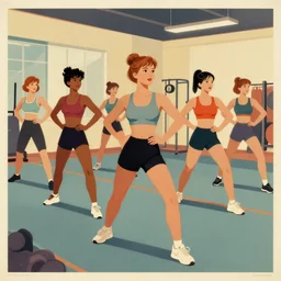 girls group fitness class in a gym, very coherent, 1 9 8 0 s propaganda poster art, multicolor, muted colors