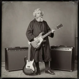 early 1 7 0 0's photograph of a blonde bearded wizard standing with an electric guitar, amplifier also pictured, daguerrotype