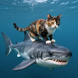 a tortoiseshell cat riding a megalodon