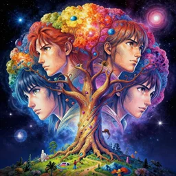 the tree of life, sharp focus, cosmic colours, space 🌌 an ultrafine hyperdetailed illustration by kim jung gi, d nadar, detailed faces, intricate linework, bright colors, octopath traveler, final fantasy, unreal engine 5 highly rendered, global illumination, radiant light, detailed and intricate environment