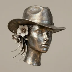 a head made out of metal, neutral palette, it is wearing a hat and flowes, vogue cover style, greg rutkowski style