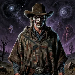 supernatural horror cowboy dressed in poncho, pulp cosmic horror book cover character art, portrait. artwork by robert k. abbett, harry bennett, ernest chiriacka, mitchell hooks, robert mcginnis