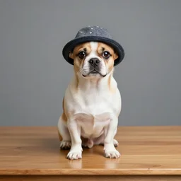 a dog wearing a hat on top of a wooden table, a stock photo by michelangelo merisi da caravaggio, pixabay contest winner, renaissance, photo taken with ektachrome, stock photo, stockphoto