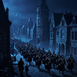 the imperial army arrives in the dark city, blue light, blue tones. by henriette ronner - knip, by william henry hunt, by rembrandt, by joseph mallord william turner, by konstantin razumov, concept art,