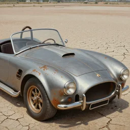 closeup of rusty shelby cobra, full car, weathered, convertible, desert, cracked dry lake bed, by Zdzislaw Beksinski, Norman Rockwell, sorayama, al duke, Valter de Morais, highly detailed, soft lighting, film grain, 8k resolution, hd, oil on canvas