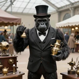 A gorilla in a suit and top hat showing his steampunk inventions at 1893 Chicago world's fair