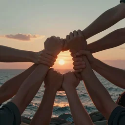 digital illustration of many highly hands arms gripping each other by the forearms, at sunset, in the style trending on artstation, cinematic, expressing the idea of teamwork, ocean spray, dramatic lighting