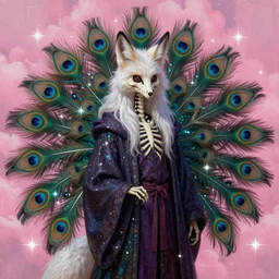photorealistic painting of a skeletal fox character, long white fox ears, mage clothes inspired by a melanistic peacock, 9 brilliant peacock tails that shimmer like crow feathers and oil, painted by a master artist, sparkles, pink cloud background, vhs effects, dnd beyond, fae, neon, photo realistic, renaissance, trending on art station