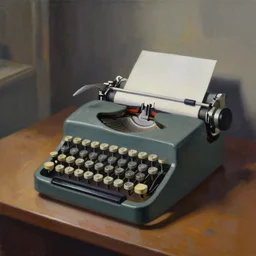 painting of a typewriter on a desk in a dimly lit room, volumetric lighting, style of greg rutkowski