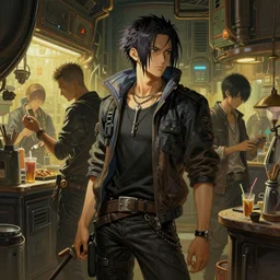 cyberpunk japanese merchants in their shop, Industrial Scifi, detailed illustration, character design, intricate, by Martin Grip and Moebius
