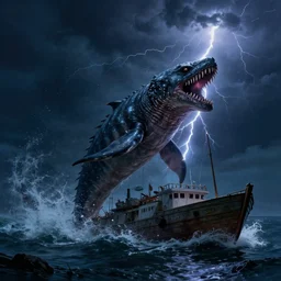 gerald brom, leviathan sea monster coming out of the water attacking a boat, artgerm, realistic, scary, night, lightning