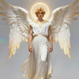 fullbody portrait of a beautiful young fit male angel with curly blond hairs, serene face, dressed with long fluent clothes, majestic symmetrical eagle wings, luminous halo, by greg rutkowski and alphonse mucha, gradient white to gold, in front of an iridescent background, highly detailed portrait, digital painting, artstation, concept art, smooth, sharp focus illustration