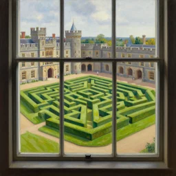 the view from inside the castle window to the mediumheight green grass maze, edgy labyrinth, four seasons, by jacek yerka, by levitan, oil on canvas, acrylic, digital art, royal academy, masterpiece, trending on artstation, cinematic composition, sharp, details, hyper - detailed, hd