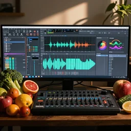film still of fresh fruits and vegetables making beats on fl studio