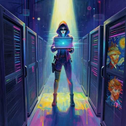 a vision of vast cyberspace, a distant female hacker with a laptop glitching through a vulnerable server, wearing sunglasses, futuristic clothes, vibrant colors, rule of thirds, spotlight, drips of paint, expressive, passionate, by greg rutkowski, by jeremy mann, by demobaza, by francoise nielly, by van gogh, digital painting