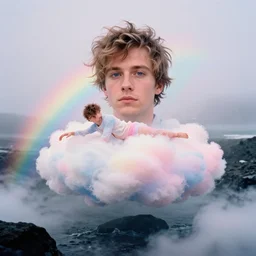 high quality pastel coloured film close up wide angle photograph of bill kaulitz wearing clothing swimming on cloud furniture in a icelandic black rock environment in a partially haze filled dreamstate world. three point light, rainbow. photographic production. art directed. pastel colours. volumetric clouds. pastel gradient overlay. waves glitch artefacts. extreme facial clarity. 8 k. filmic.