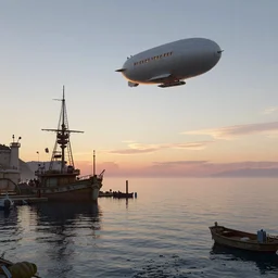a steampunk sea port, calm seas, sunset, airship in the sky, clear skies in the distance, hyperreal, artstation