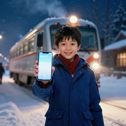 the kid from polar express holding out his phone